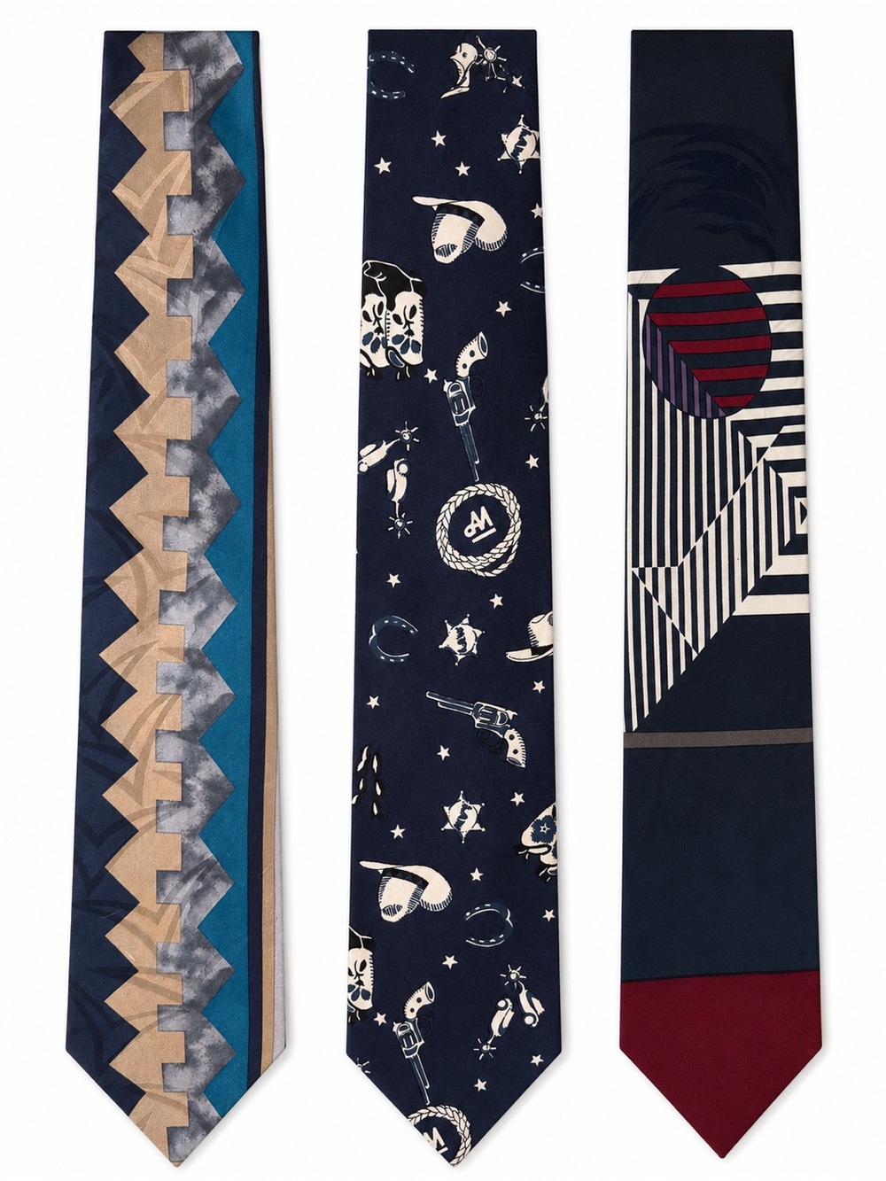 Three neckties. Oscar de la Renta, Oleg Cassini, Tango vintage ties.